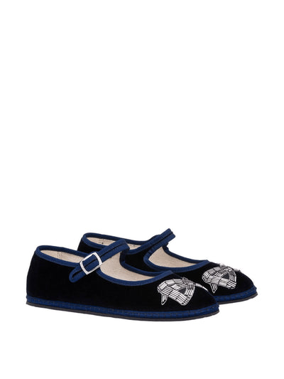 Saloni Navy clementine bow embroidery Mary Jane slippers at Collagerie