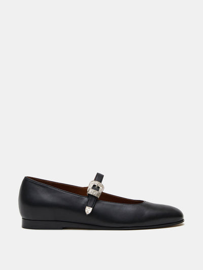 Le Monde Beryl Black western buckle leather mary jane flats at Collagerie