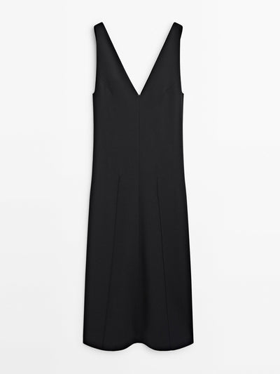 Massimo Dutti V-neck black midi dress at Collagerie