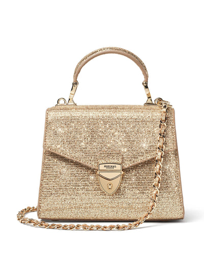 Aspinal Of London Mini Mayfair 2 bag in champagne stardust glitter at Collagerie