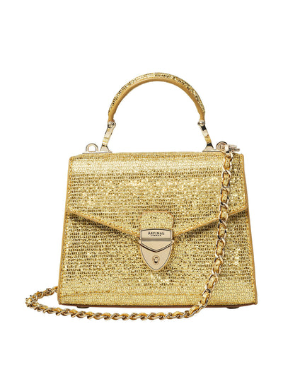 Aspinal Of London Mini Mayfair 2 bag in gold stardust glitter at Collagerie