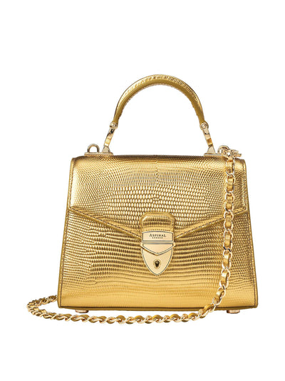 Aspinal Of London Mini Mayfair 2 bag in paradise gold metallic lizard at Collagerie