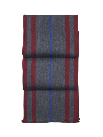 Aspinal Of London Men's striped merino wool scarf in grey and red at Collagerie