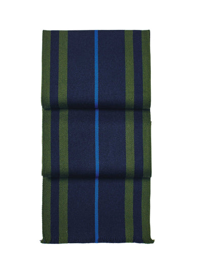 Aspinal Of London Men's striped merino wool scarf in cobalt blue and navy at Collagerie