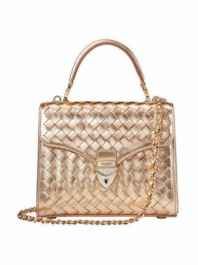 Aspinal Of London Midi Mayfair woven leather bag with crystal lock in woven champagne at Collagerie