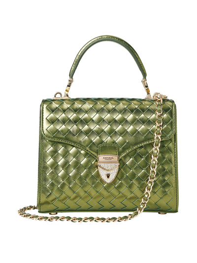 Aspinal Of London Midi Mayfair woven leather bag with crystal lock in green at Collagerie