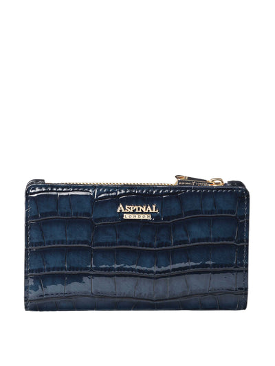 Aspinal Of London Mayfair coin & card wallet in midnight embossed patent croc at Collagerie