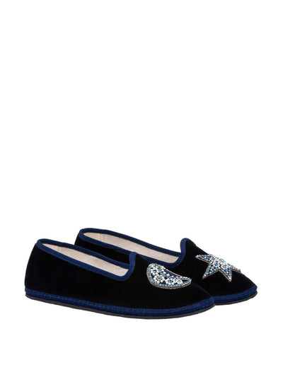 Saloni Navy moon and star embroidery Adele slippers at Collagerie