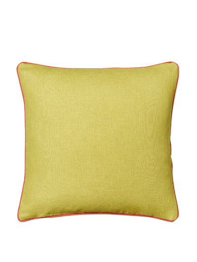 Volga Linen Moss green cushion with terracotta trim at Collagerie