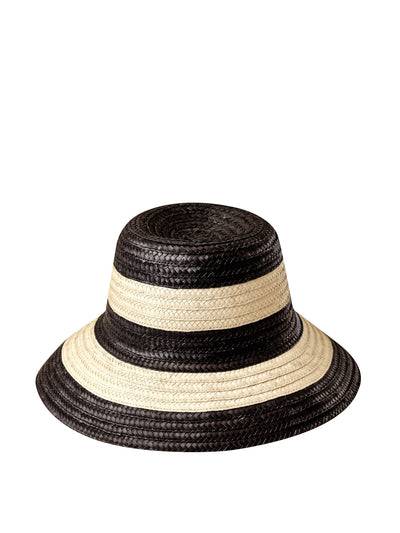 BrunnaCo Nona striped bucket palm straw hat in black and natural at Collagerie