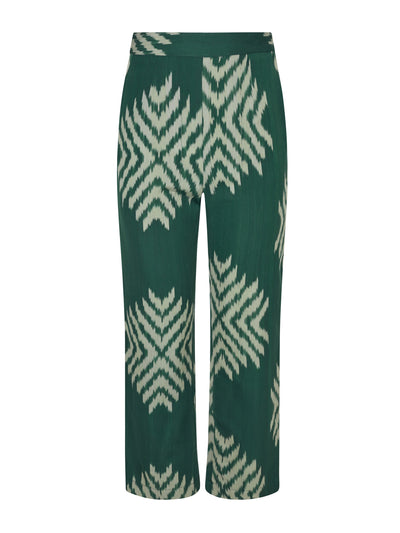Valeria Cotoner Green cotton mulberry silk Ikat trousers at Collagerie