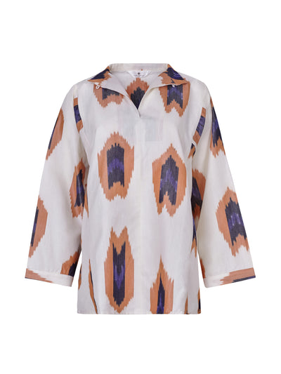 Valeria Cotoner White cotton mulberry silk Ikat blouse at Collagerie
