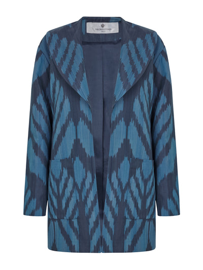Valeria Cotoner Blue cotton mulberry silk Ikat jacket at Collagerie