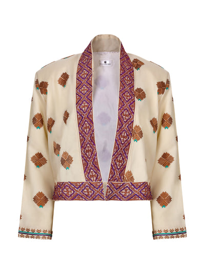 Valeria Cotoner White wool Phulkaari embroidered bolero jacket at Collagerie