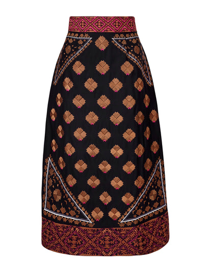 Valeria Cotoner Black wool Phulkaari embroidered skirt at Collagerie