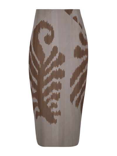 Valeria Cotoner Grey and brown mulberry silk Ikat skirt at Collagerie