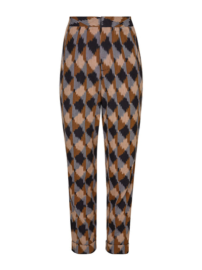 Valeria Cotoner Brown cotton mulberry silk Ikat trousers at Collagerie
