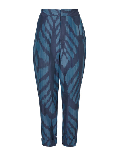 Valeria Cotoner Blue cotton mulberry silk Ikat trousers at Collagerie