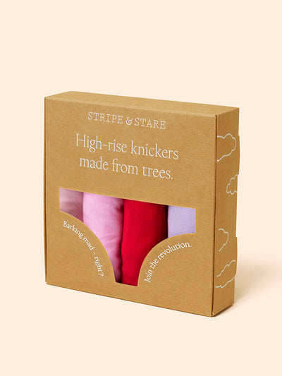 Stripe & Stare Pink and red contrast high rise knicker four pack at Collagerie