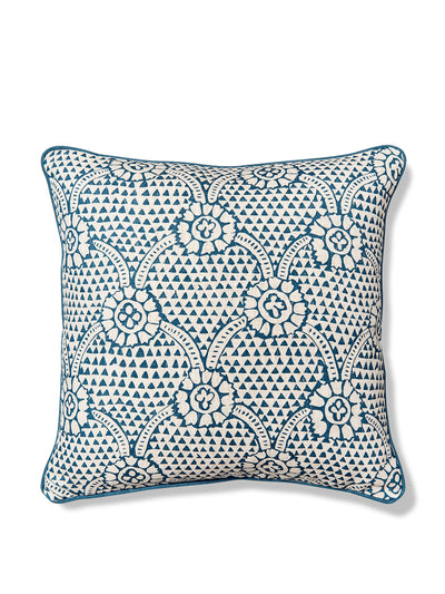 Volga Linen Prussian blue Ivan print cushion with blue trim at Collagerie