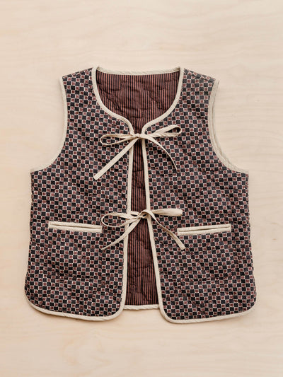 TBCo Quilted cotton vest in reversible brown celestial stripe at Collagerie