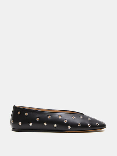 Le Monde Beryl Eyelet studded black leather Regency slippers at Collagerie