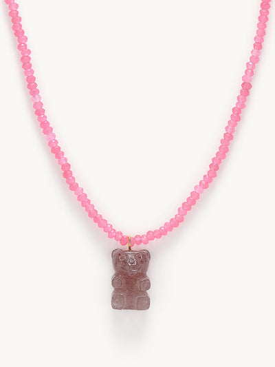 Roxanne First Strawberry quartz Teddy Bear necklace at Collagerie