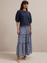 Blue ditsy carnation print Kira cotton blend maxi skirt