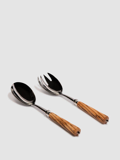 Z.d.G Romilly silver plated salad serving set, with carved olivewood at Collagerie