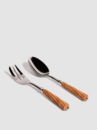 Z.d.G Romilly silver plated serving fork and spoon set, with carved olivewood at Collagerie