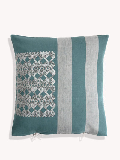 Routes Interiors Teal Larrinaga handwoven cushion cover at Collagerie