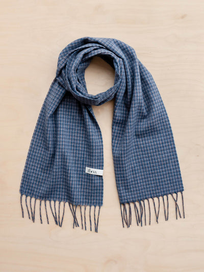 TBCo Lambswool scarf in blue tweed check at Collagerie