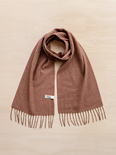 TBCo Lambswool scarf in camel tweed check at Collagerie