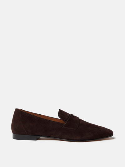 Le Monde Beryl Chocolate placket suede soft loafers at Collagerie