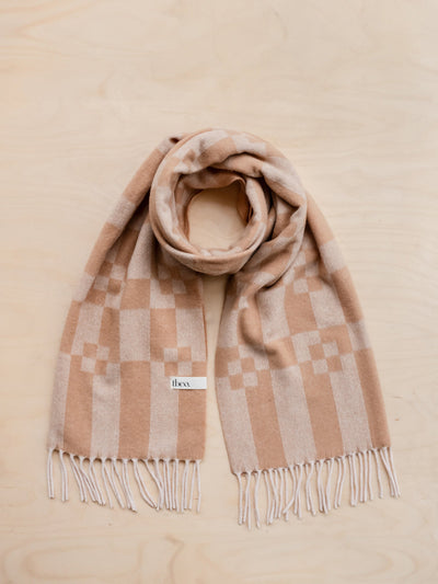 TBCo Cashmere and merino oversized scarf in camel geometric block at Collagerie