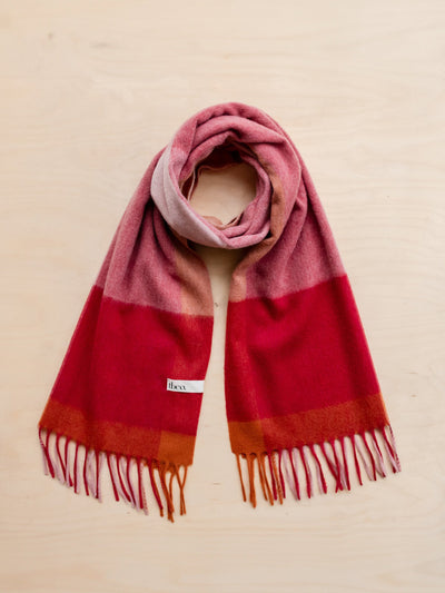 TBCo Lambswool oversized scarf in berry edge check at Collagerie