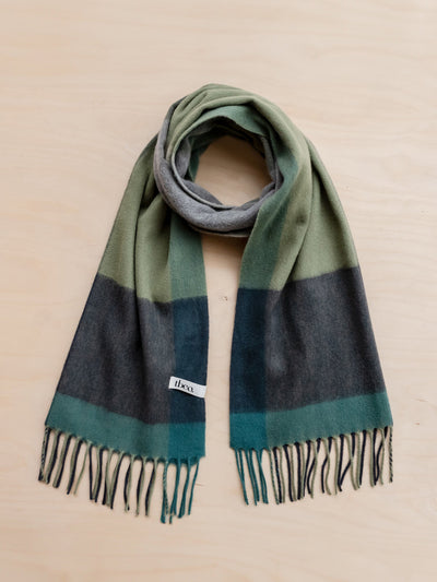 TBCo Lambswool oversized scarf in green edge check at Collagerie