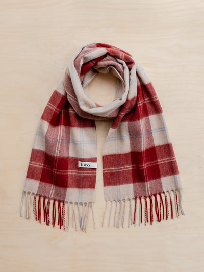 TBCo Lambswool oversized scarf in red varsity check at Collagerie