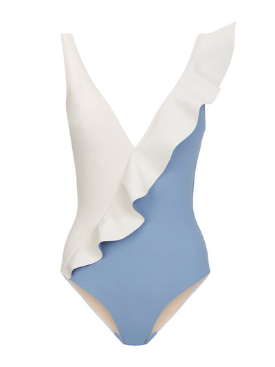 Evarae Otto one piece in vista blue and creme at Collagerie