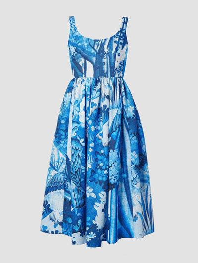 Erdem Lupin blue tapestry cotton faille fit and flare midi dress at Collagerie
