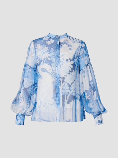 Erdem Lupin blue tapestry silk voile blouson sleeve shirt at Collagerie
