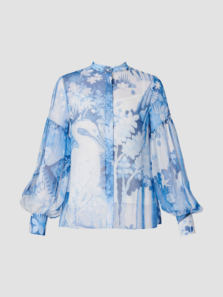 Lupin blue tapestry silk voile blouson sleeve shirt