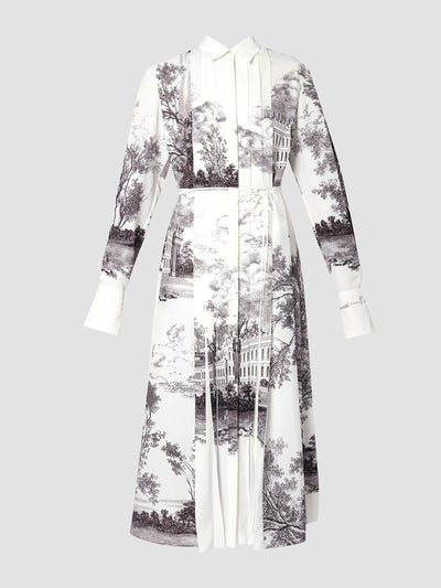 Erdem White and black etching pleated crepe de chine shirt dress at Collagerie