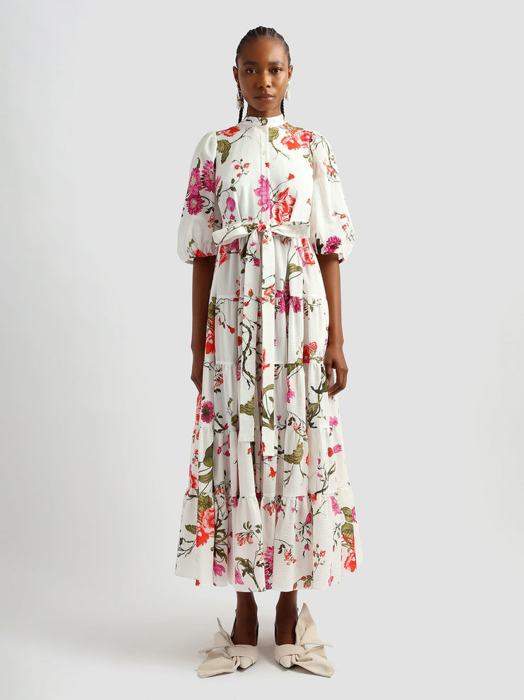 Full length tiered dress with volume sleeves