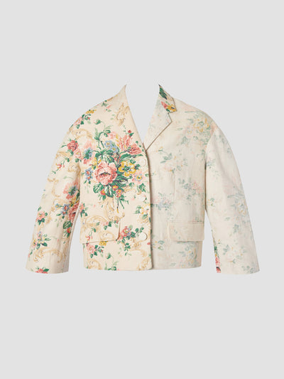 Erdem Ecru and multi antique linen chintz single breasted cropped jacket at Collagerie
