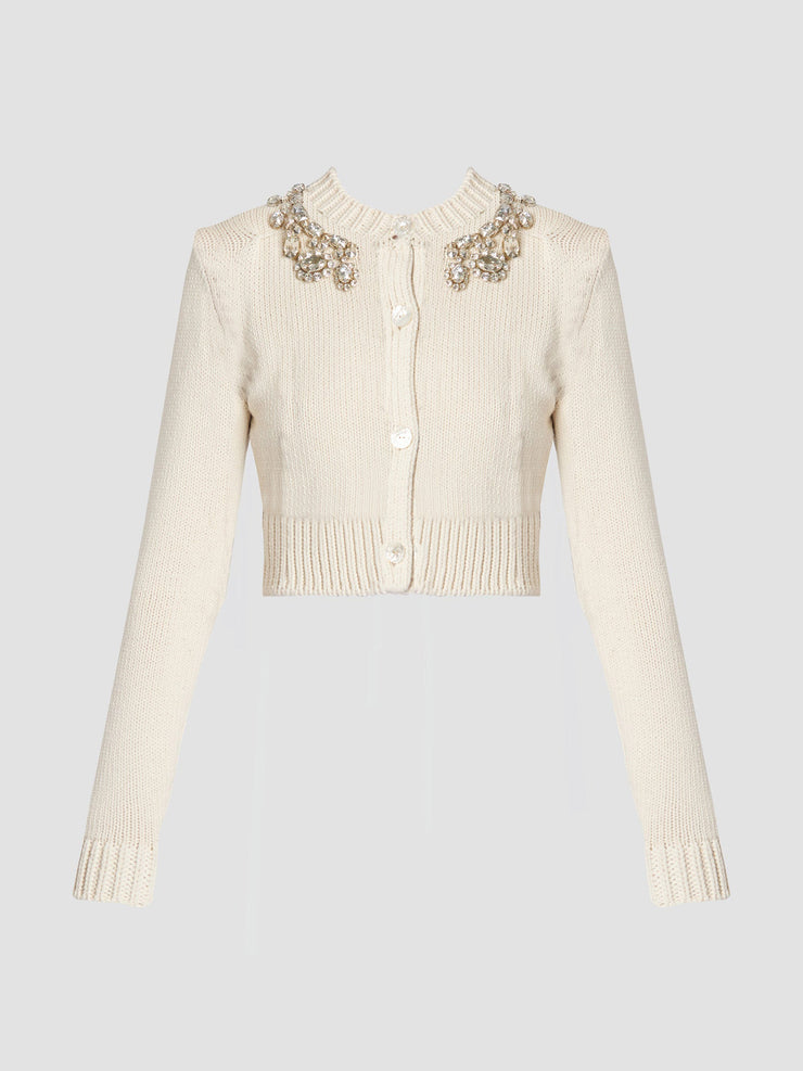 Calico embroidered cotton knit cropped cardigan