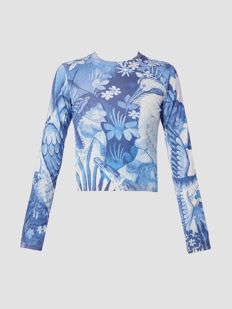 Lupin blue overprint silk knit printed jumper