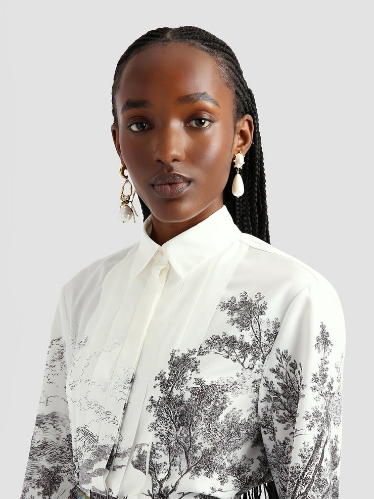 White and black etching pleated crepe de chine pleated detail shirt