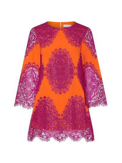 Borgo De Nor Stevie lace mini dress in orange and fuchsia at Collagerie