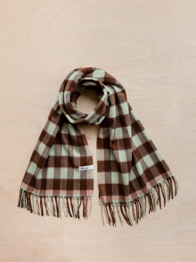 TBCo Lambswool blanket scarf in green gingham at Collagerie